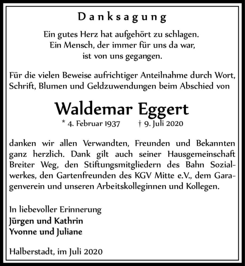  Traueranzeige für Waldemar Eggert  vom 01.08.2020 aus Magdeburger Volksstimme