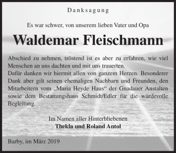Traueranzeige von Waldemar Fleischmann  von Magdeburger Volksstimme