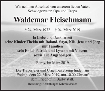 Traueranzeige von Waldemar Fleischmann  von Magdeburger Volksstimme