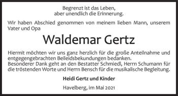 Traueranzeige von Waldemar Gertz  von Magdeburger Volksstimme