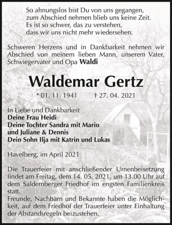 Traueranzeige von Waldemar Gertz  von Magdeburger Volksstimme