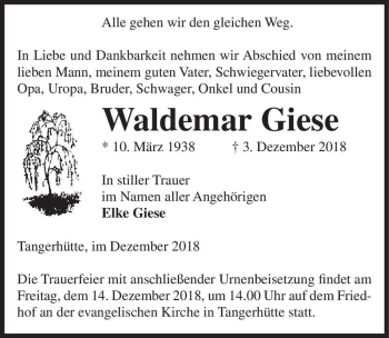 Traueranzeige von Waldemar Giese  von Magdeburger Volksstimme