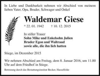 Traueranzeige von Waldemar Giese  von Magdeburger Volksstimme