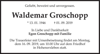 Traueranzeige von Waldemar Groschopp  von Magdeburger Volksstimme