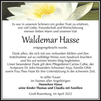 Traueranzeige von Waldemar Hasse  von Magdeburger Volksstimme