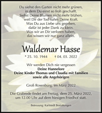 Traueranzeige von Waldemar Hasse  von Magdeburger Volksstimme