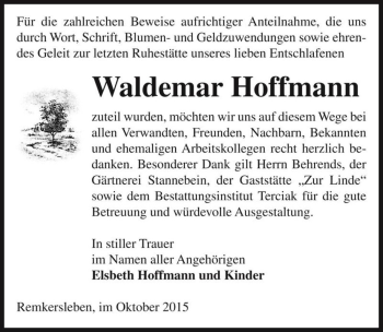 Traueranzeige von Waldemar Hoffmann  von Magdeburger Volksstimme