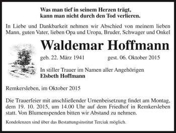 Traueranzeige von Waldemar Hoffmann  von Magdeburger Volksstimme