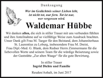 Traueranzeige von Waldemar Hübbe  von Magdeburger Volksstimme