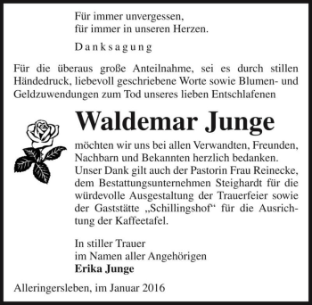 Traueranzeige von Waldemar Junge  von Magdeburger Volksstimme