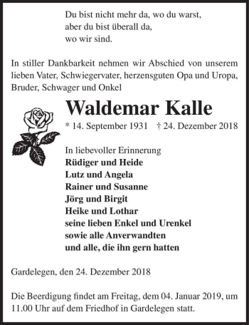 Traueranzeige von Waldemar Kalle  von Magdeburger Volksstimme