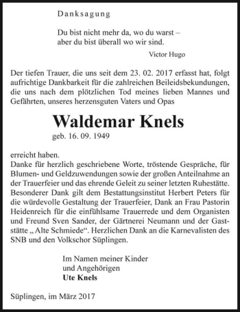 Traueranzeige von Waldemar Knels  von Magdeburger Volksstimme