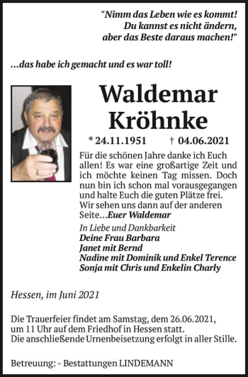 Traueranzeige von Waldemar Kröhnke  von Magdeburger Volksstimme