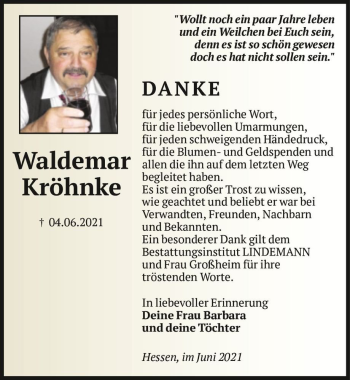 Traueranzeige von Waldemar Kröhnke  von Magdeburger Volksstimme