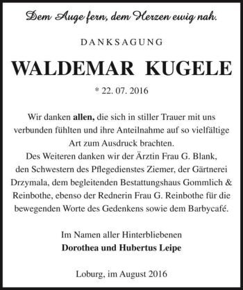 Traueranzeige von Waldemar Kugele  von Magdeburger Volksstimme