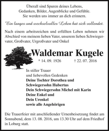 Traueranzeige von Waldemar Kugele  von Magdeburger Volksstimme