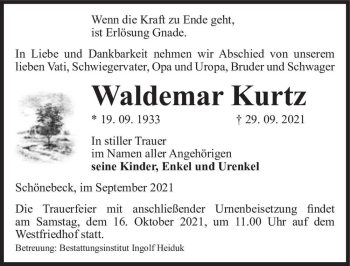 Traueranzeige von Waldemar Kurtz  von Magdeburger Volksstimme