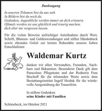 Traueranzeige von Waldemar Kurtz  von Magdeburger Volksstimme