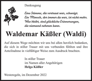 Traueranzeige von Waldemar Käßler (Waldi)  von Magdeburger Volksstimme