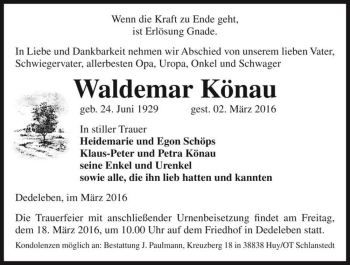 Traueranzeige von Waldemar Könau  von Magdeburger Volksstimme