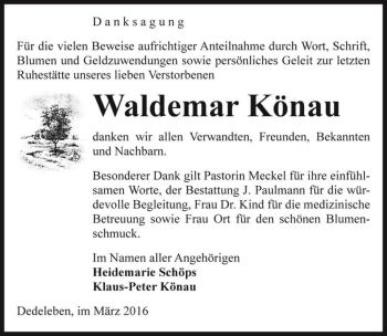 Traueranzeige von Waldemar Könau  von Magdeburger Volksstimme
