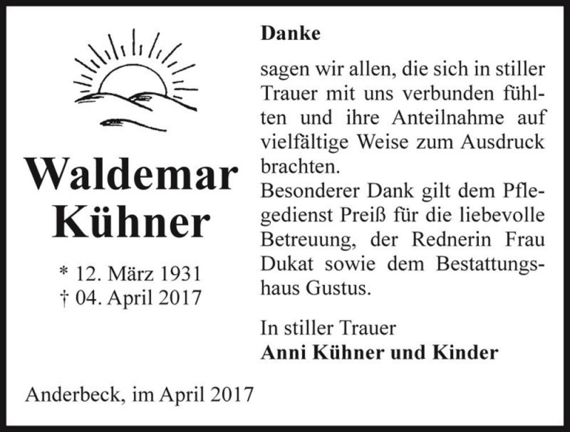  Traueranzeige für Waldemar Kühner  vom 29.04.2017 aus Magdeburger Volksstimme