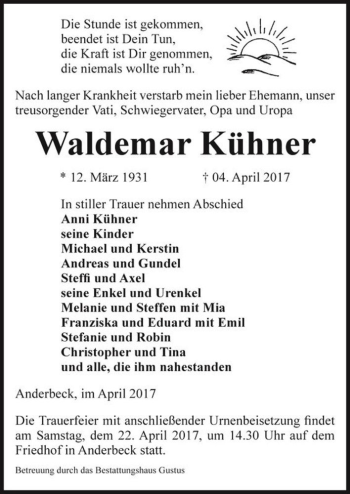 Traueranzeige von Waldemar Kühner  von Magdeburger Volksstimme