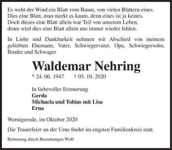 Traueranzeige von Waldemar Nehring  von Magdeburger Volksstimme