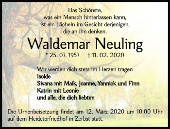 Traueranzeige von Waldemar Neuling  von Magdeburger Volksstimme