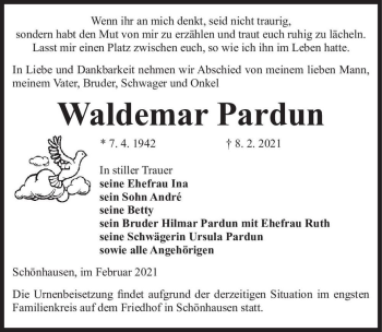 Traueranzeige von Waldemar Pardun  von Magdeburger Volksstimme