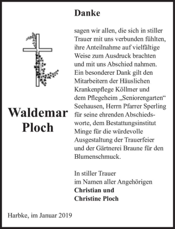 Traueranzeige von Waldemar Ploch  von Magdeburger Volksstimme