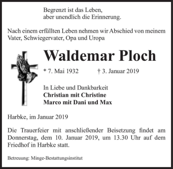 Traueranzeige von Waldemar Ploch  von Magdeburger Volksstimme