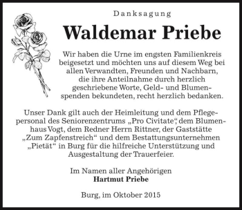 Traueranzeige von Waldemar Priebe  von Magdeburger Volksstimme