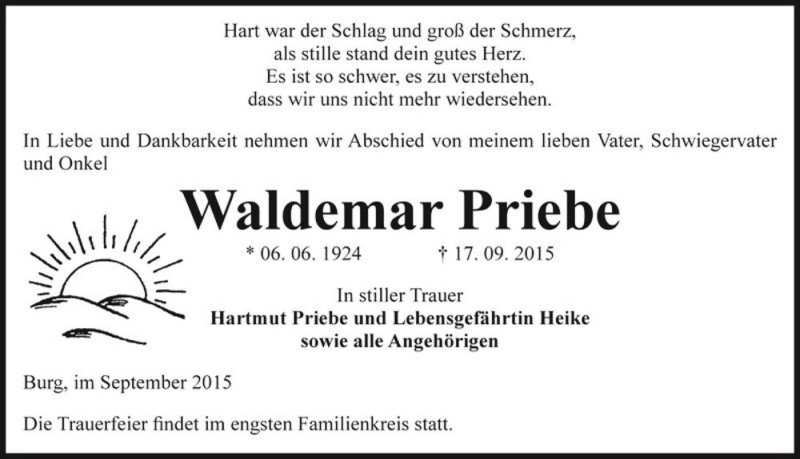  Traueranzeige für Waldemar Priebe  vom 24.09.2015 aus Magdeburger Volksstimme