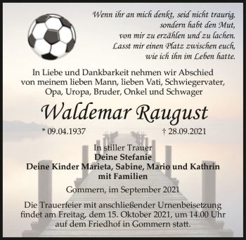 Traueranzeige von Waldemar Raugust  von Magdeburger Volksstimme