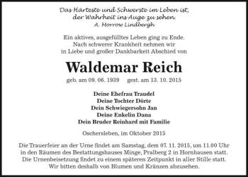 Traueranzeige von Waldemar Reich  von Magdeburger Volksstimme
