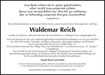 Traueranzeige von Waldemar Reich  von Magdeburger Volksstimme