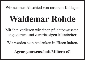 Traueranzeige von Waldemar Rohde  von Magdeburger Volksstimme
