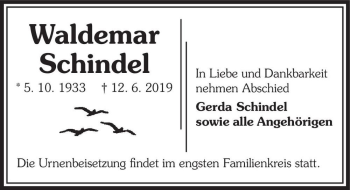 Traueranzeige von Waldemar Schindel  von Magdeburger Volksstimme
