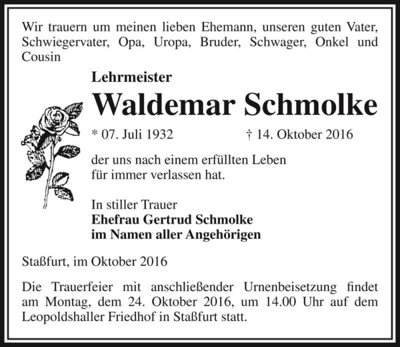  Traueranzeige für Waldemar Schmolke  vom 19.10.2016 aus Magdeburger Volksstimme