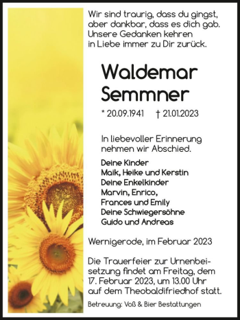 Traueranzeige von Waldemar Semmner  von Magdeburger Volksstimme