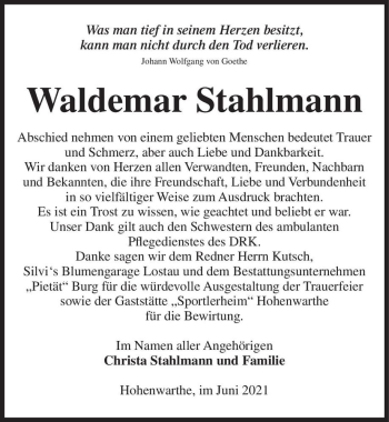 Traueranzeige von Waldemar Stahlmann  von Magdeburger Volksstimme