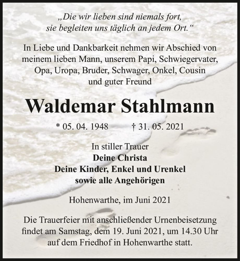  Traueranzeige für Waldemar Stahlmann  vom 12.06.2021 aus Magdeburger Volksstimme