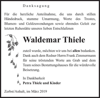 Traueranzeige von Waldemar Thiele  von Magdeburger Volksstimme