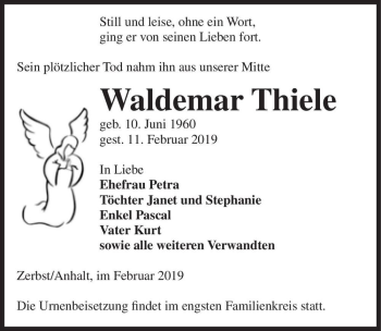 Traueranzeige von Waldemar Thiele  von Magdeburger Volksstimme