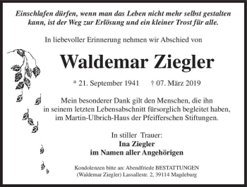 Traueranzeige von Waldemar Ziegler  von Magdeburger Volksstimme