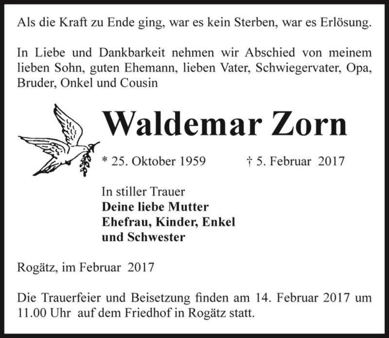  Traueranzeige für Waldemar Zorn  vom 10.02.2017 aus Magdeburger Volksstimme
