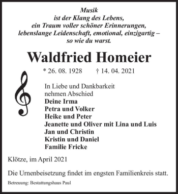 Traueranzeige von Waldfried Homeier  von Magdeburger Volksstimme