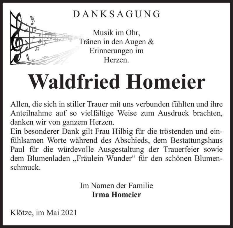  Traueranzeige für Waldfried Homeier  vom 15.05.2021 aus Magdeburger Volksstimme