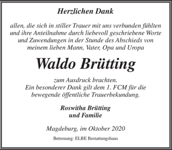 Traueranzeige von Waldo Brütting  von Magdeburger Volksstimme